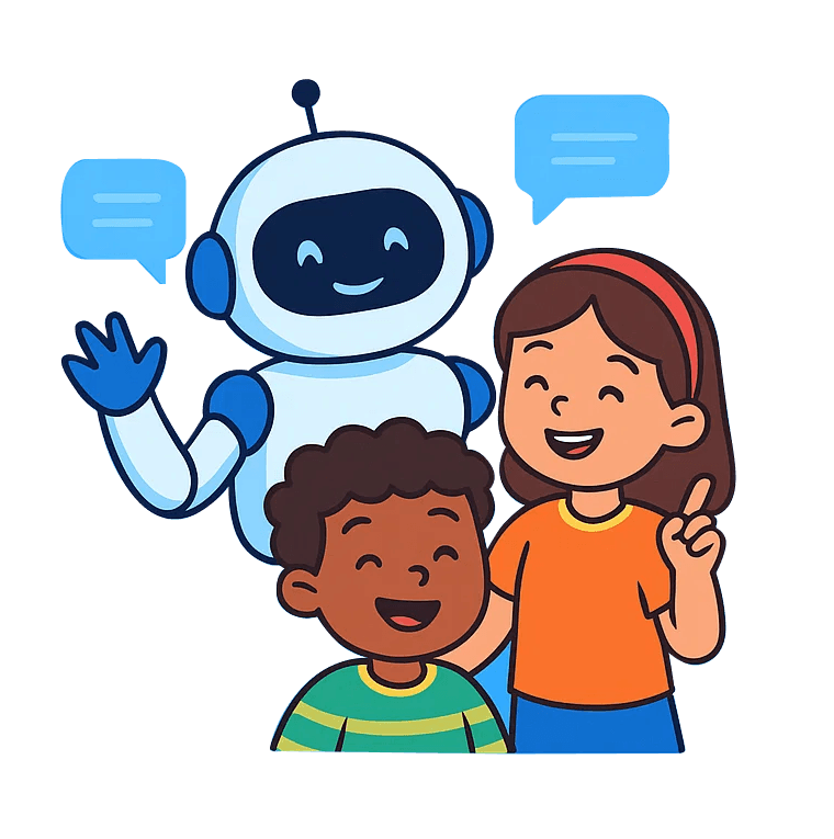 Robot with two happy kids